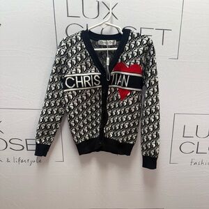 Dior Black White Knit Cardigan with Red Heart Accent